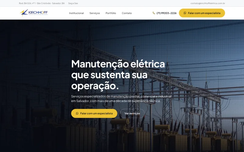 Página inicial do site da Kirchhoff Elétrica no computador