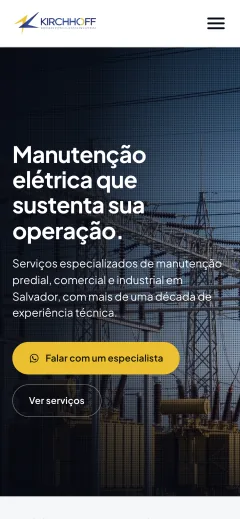 Página inicial do site da Kirchhoff Elétrica no celular