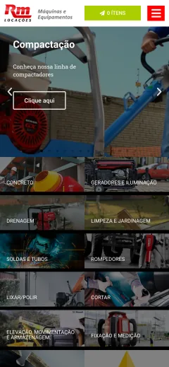 Página inicial do site da RM Locações no celular